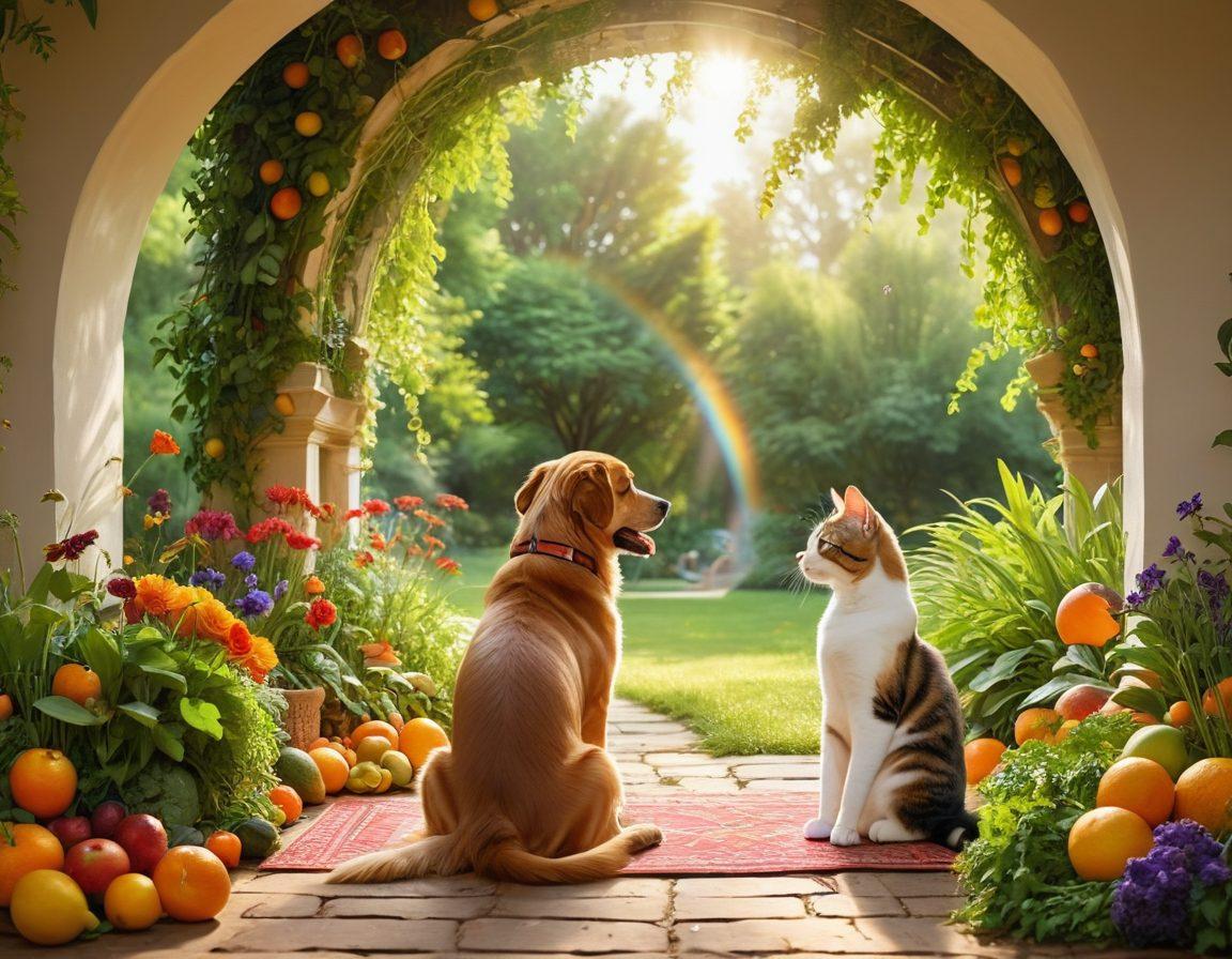 A heartwarming scene of a happy pet owner interacting with their healthy dog and cat in a sunlit park. Surround them with symbols of holistic care like fresh fruits, herbs, and wellness books. Include a gentle rainbow arching overhead to symbolize companionship and joy. The pet owner is smiling, and the pets look vibrant and playful. super-realistic. vibrant colors. tranquil setting.