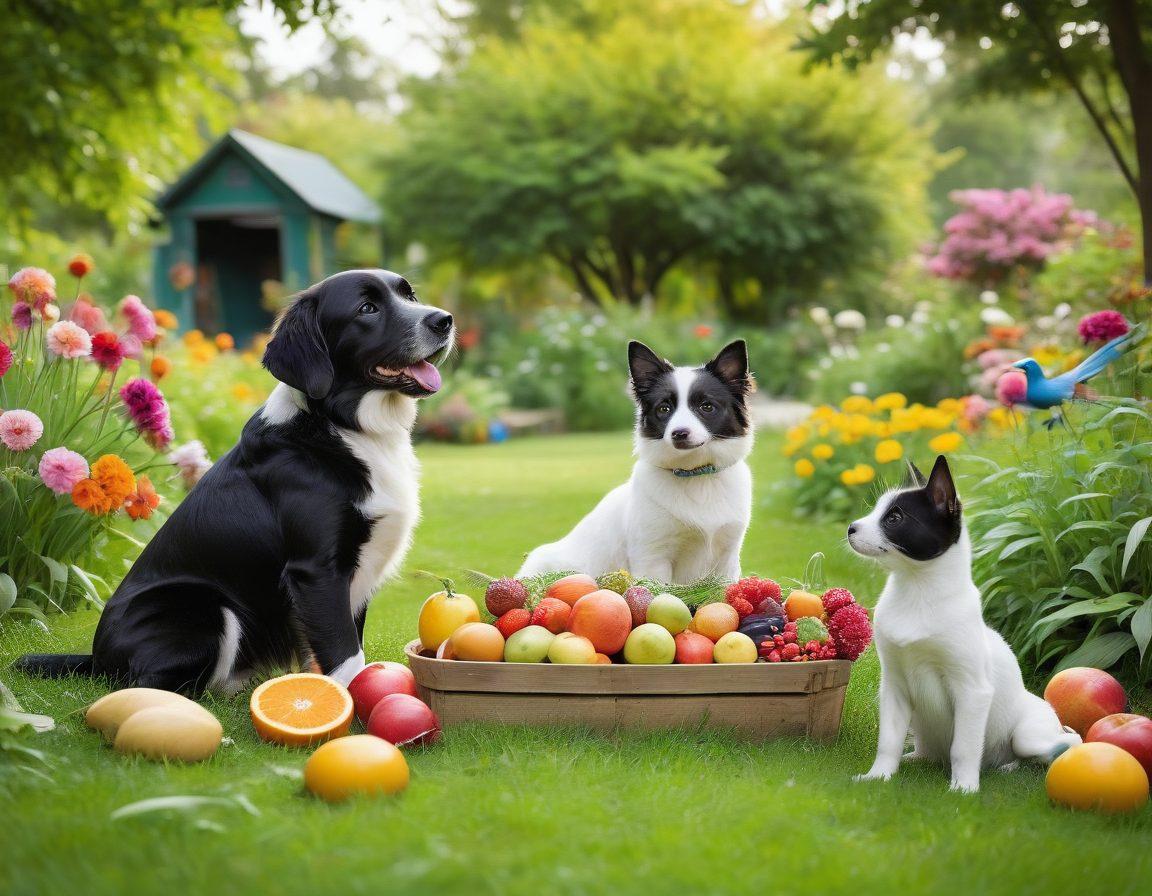 A diverse array of healthy animals like dogs, cats, birds, and farm animals engaged in various wellness activities such as eating nutritious food, exercising with their owners, and enjoying outdoor play. The background features a serene park setting with vibrant greens, emphasizing a holistic approach to animal wellness. Iconic images of fruits, vegetables, and pet training tools subtly integrated into the scene. super-realistic. vibrant colors. natural setting.