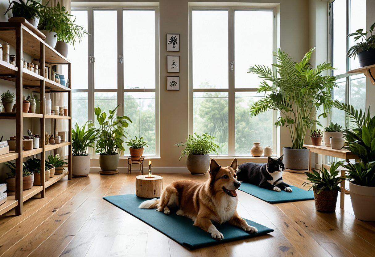 A serene scene featuring a happy dog and cat practicing yoga together in a sunlit room filled with plants and pet wellness books. Surround them with calming elements like essential oils, a water fountain, and organic pet food bowls. Showcase pets engaging in holistic activities such as acupuncture and aromatherapy. Emphasize a warm and inviting atmosphere promoting wellness and harmony. super-realistic. vibrant colors. cozy indoor setting.